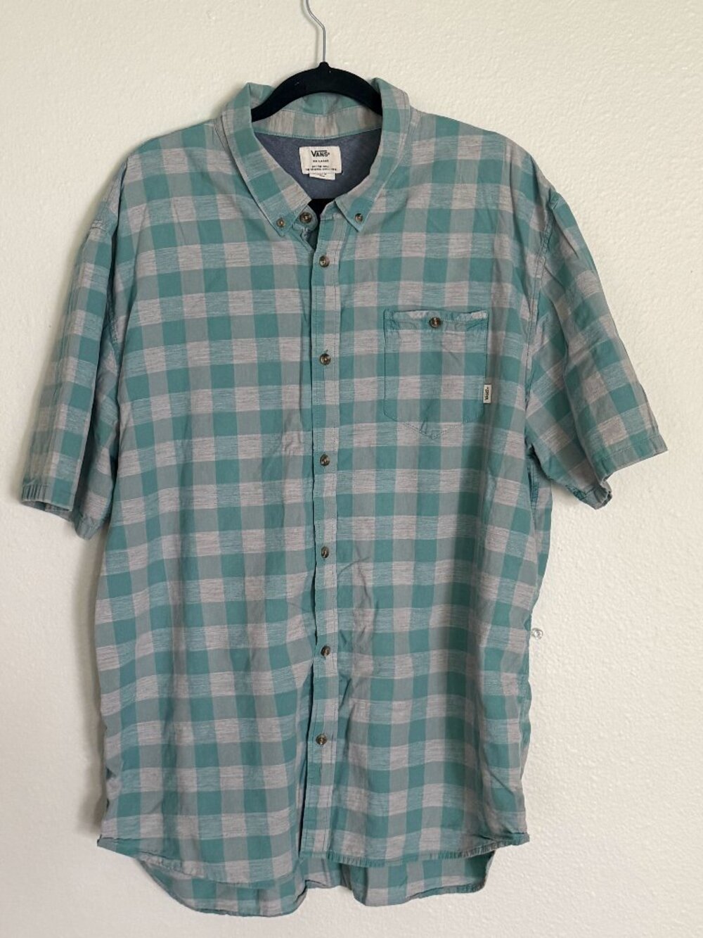 Vans Pastel Mint Green Gingham Plaid Short Sleeve Skate Shirt Size XXL